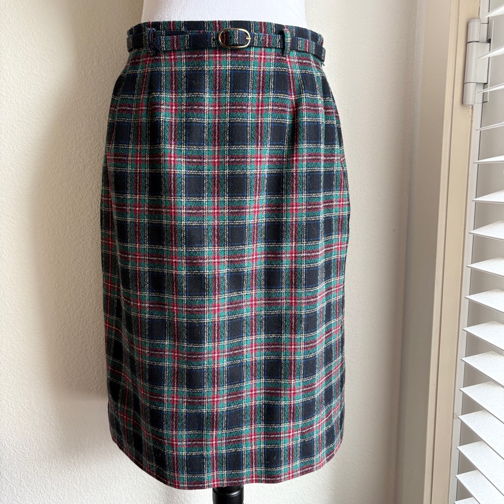 Vintage Pendleton Virgin Wool Black Stewart Tartan Belted Pencil Skirt
